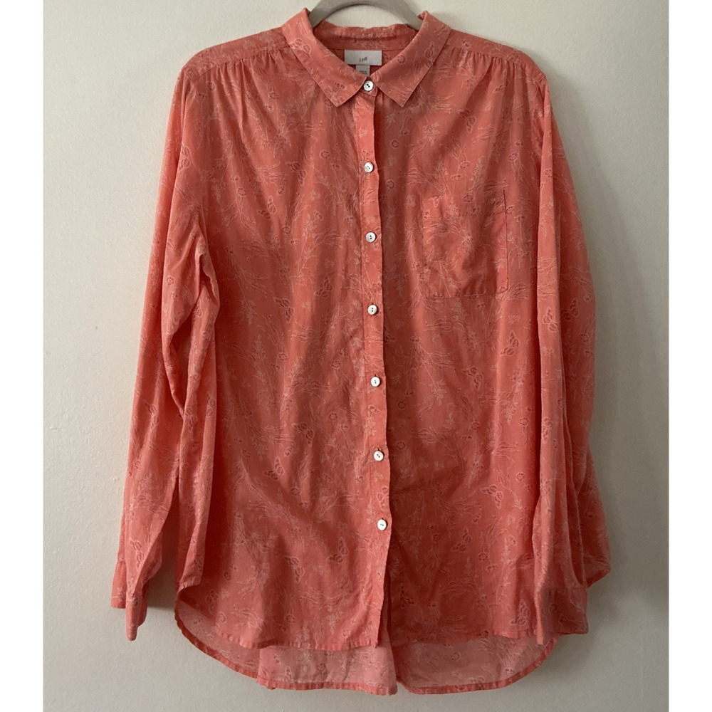 J Jill Top Women Size Large Orange Floral Long Sleeve Button Up Shirt Cotton